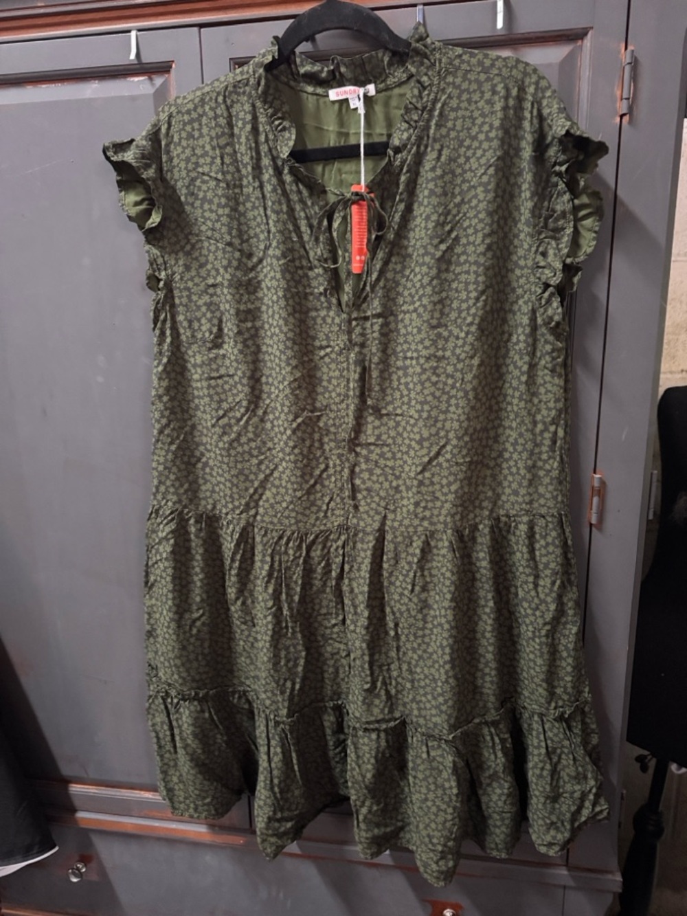 NWT Sundry Olive Green Floral Ruffle Tie-Neck dress - Picture 11 of 11